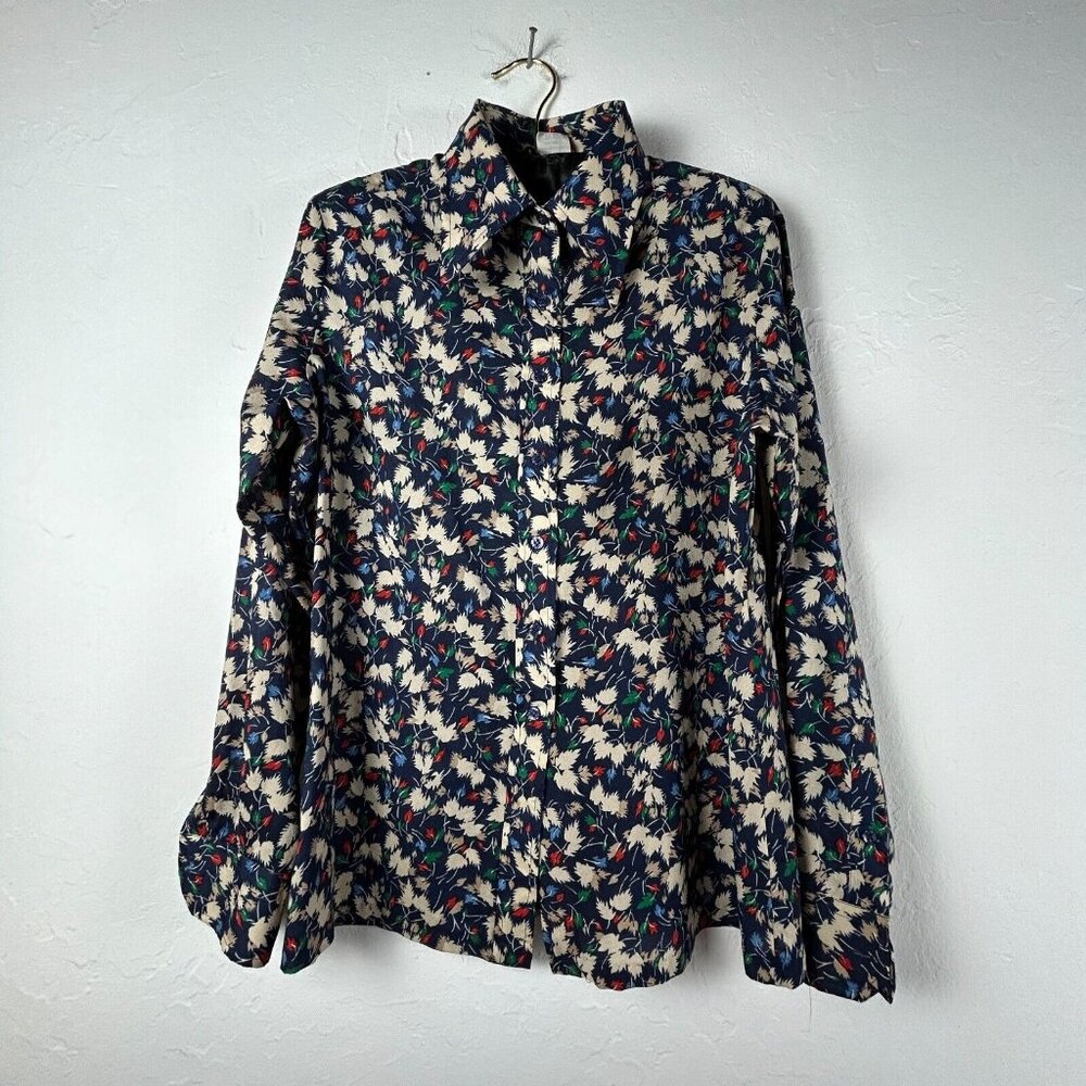 Perma-Prest Sears Womens Shirt Size 16 Multicolor Leaves Button Up Long Sleeve